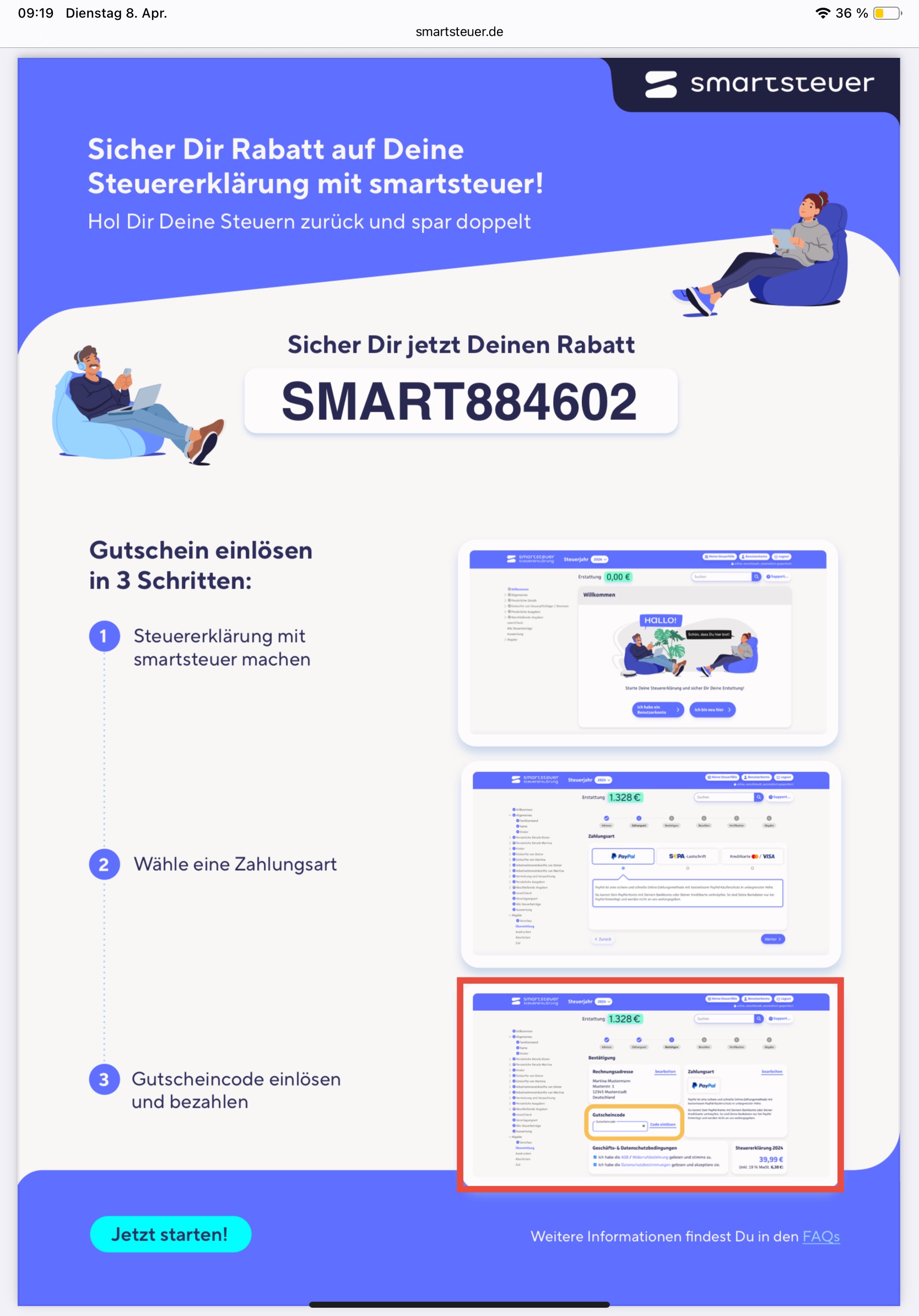 smartsteuer Gutscheincode einlösen