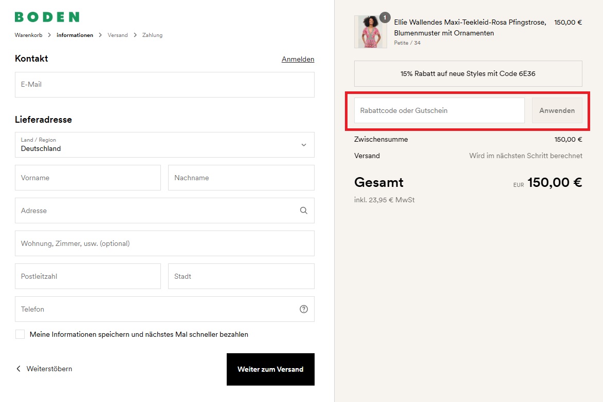 Boden Rabattcode einlösen